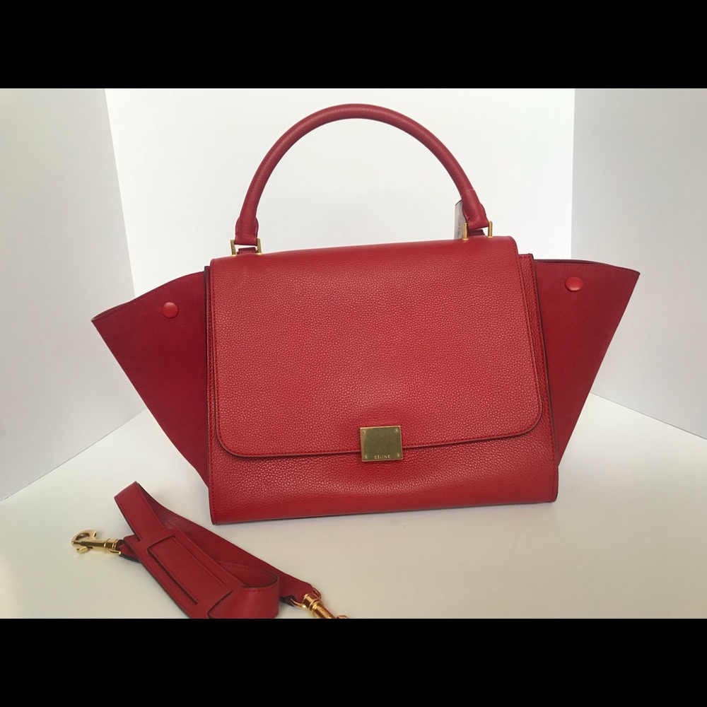 Authentic CELINE Trapeze Red Pebbled Suede Leather